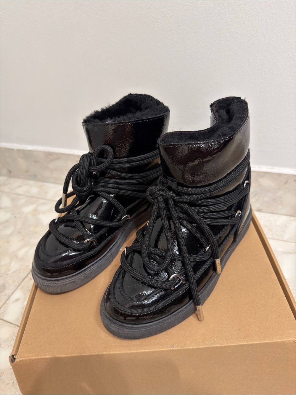 Inuikii Black Patent Lace-Up Winter Booties